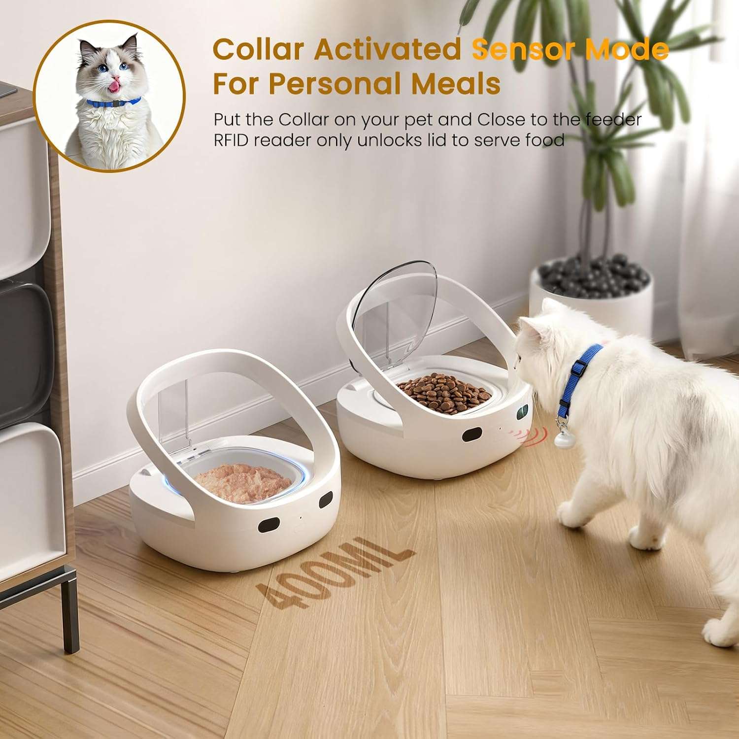 Comedero automatico selectivo con sensor de collar y compartimento de hielo para comida humeda de mascotas