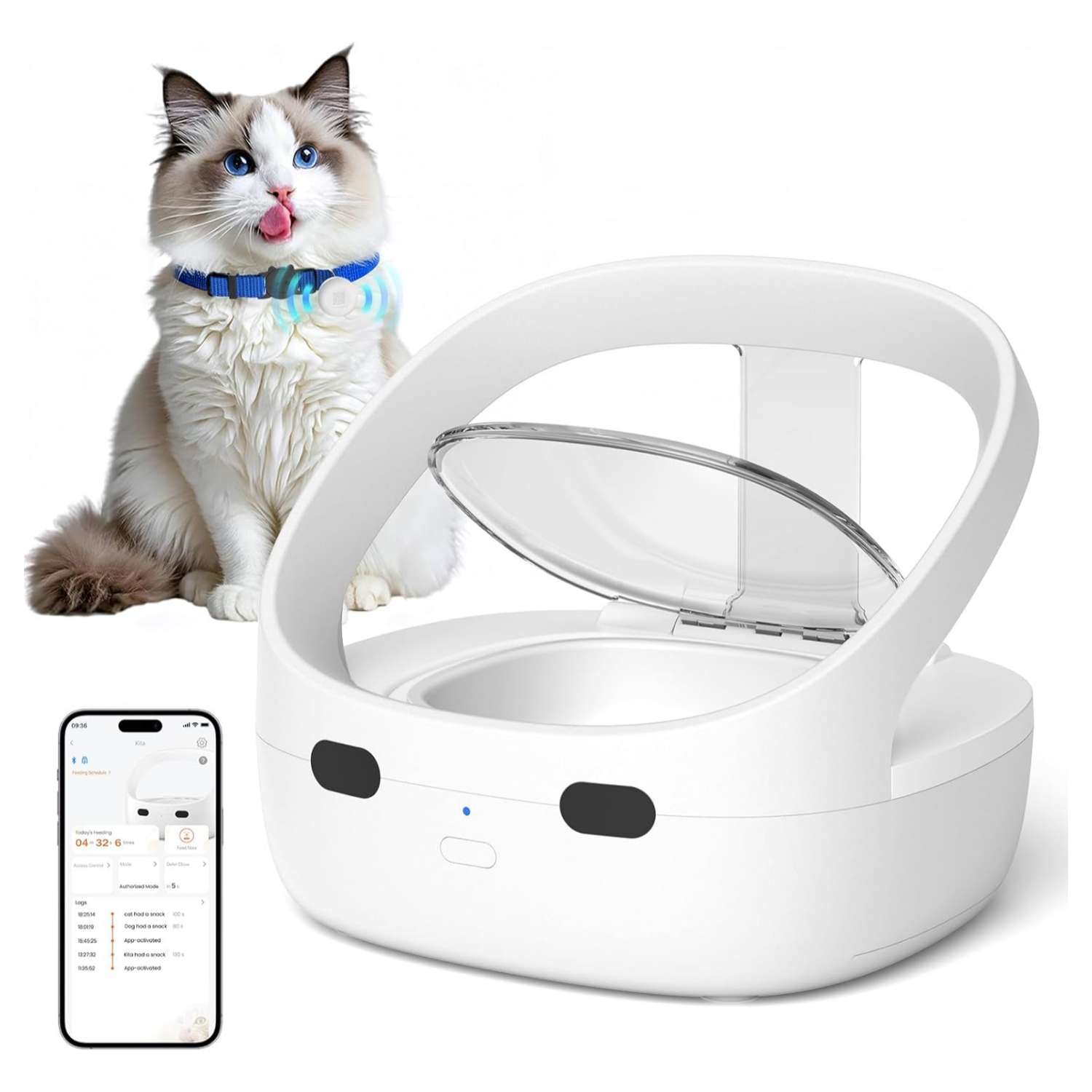 Comedero automatico selectivo con sensor de collar y compartimento de hielo para comida humeda de mascotas