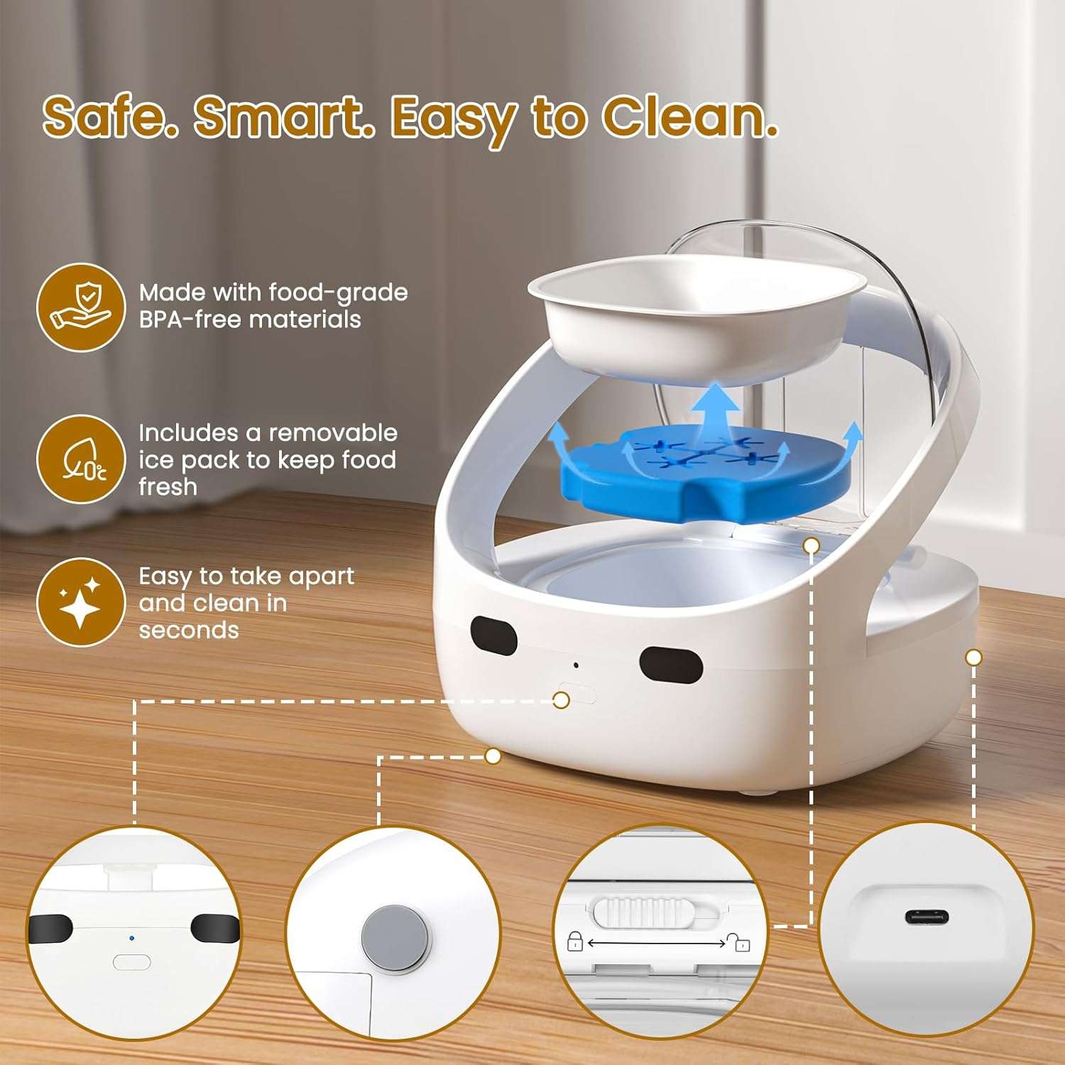 Comedero automatico selectivo con sensor de collar y compartimento de hielo para comida humeda de mascotas