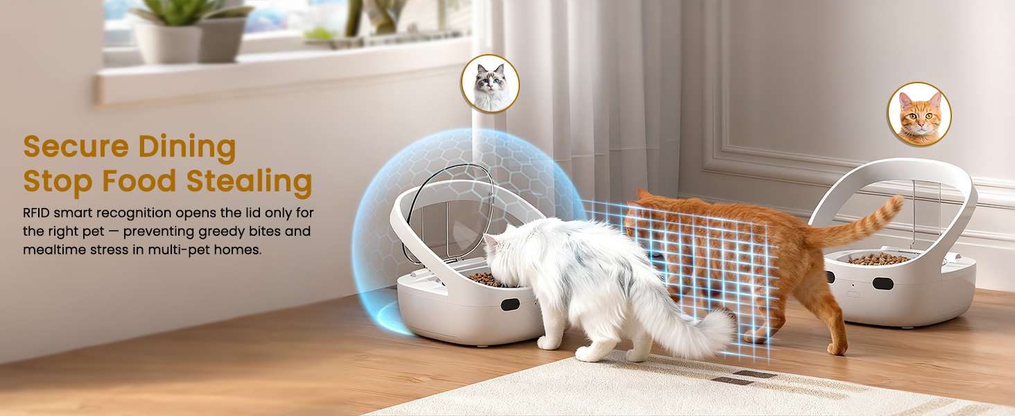 Comedero automatico selectivo con sensor de collar y compartimento de hielo para comida humeda de mascotas