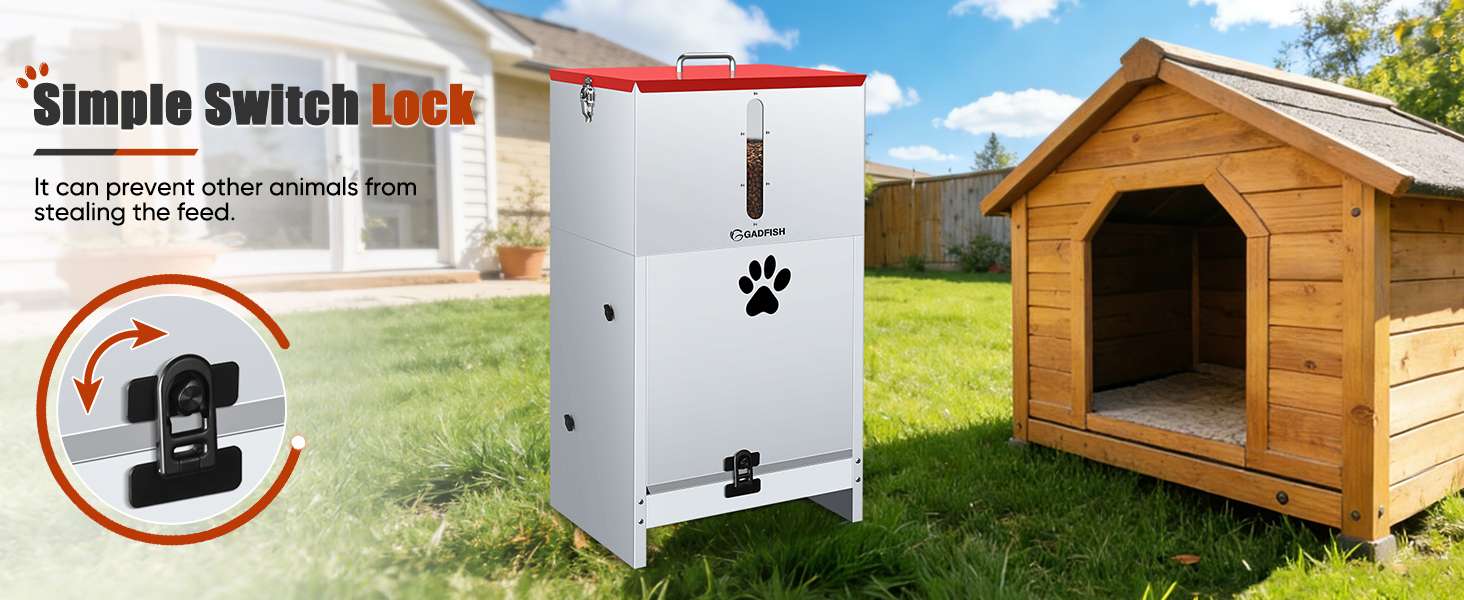 Comedero automatico de acero de 27 kilos con cerradura y ventana transparente para perros grandes en exterior