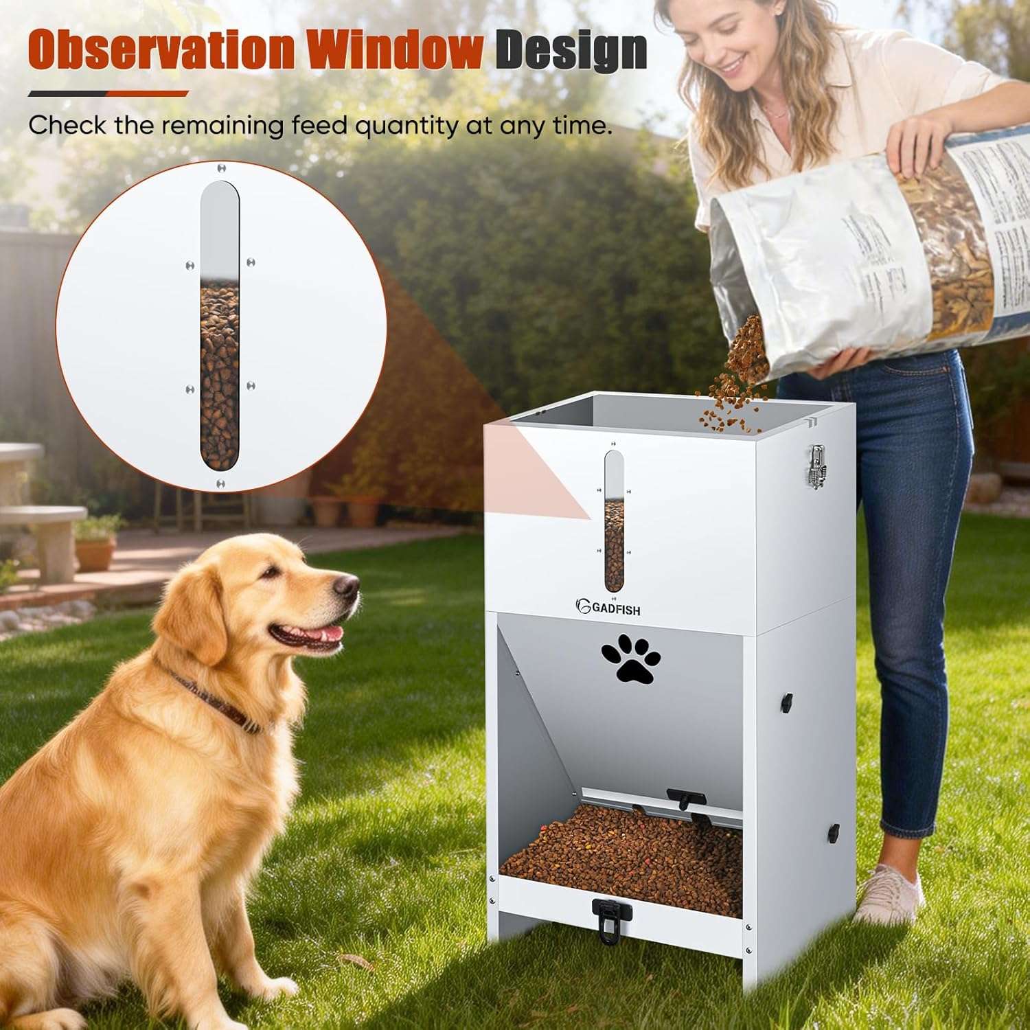 Comedero automatico de acero de 27 kilos con cerradura y ventana transparente para perros grandes en exterior