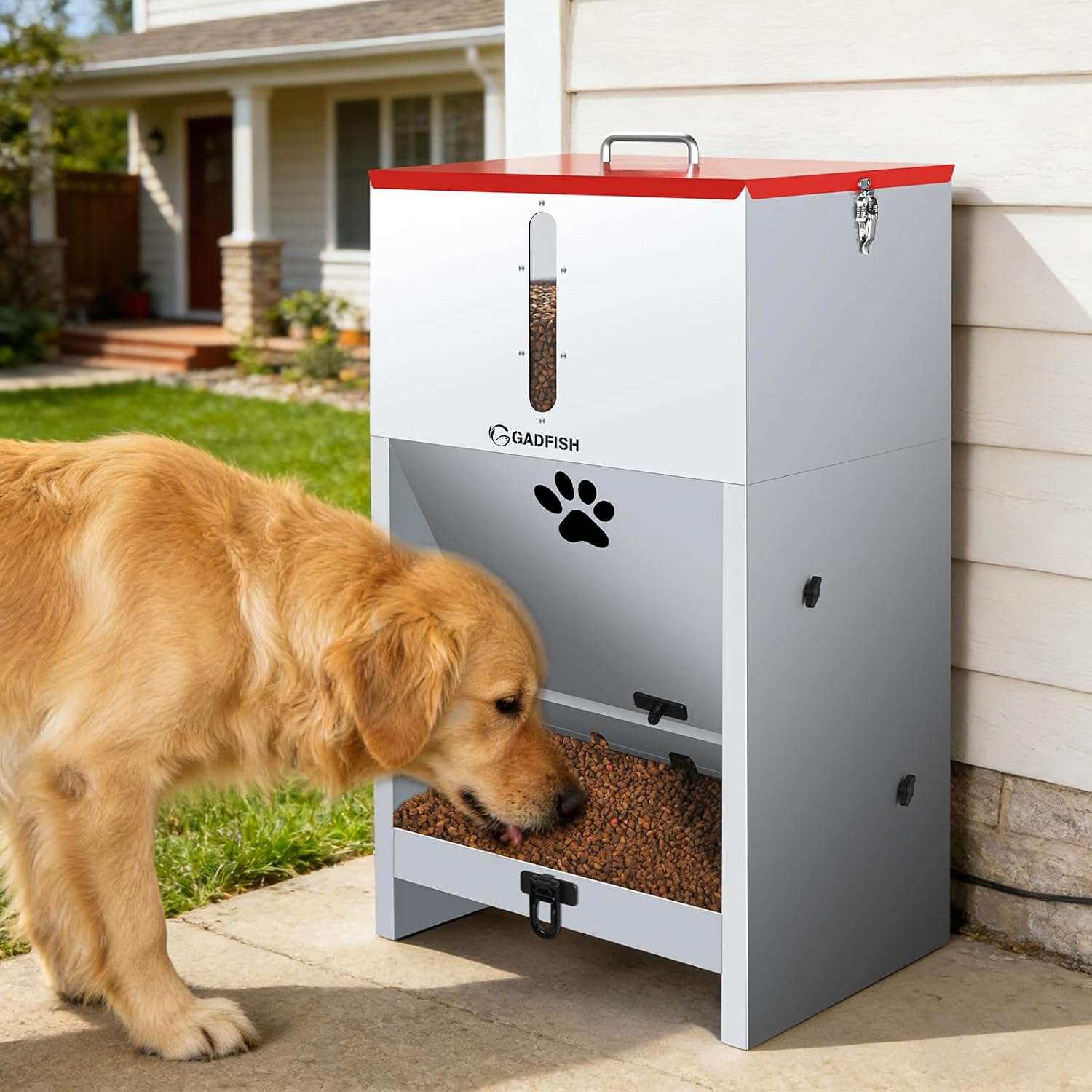 Comedero automatico de acero de 27 kilos con cerradura y ventana transparente para perros grandes en exterior