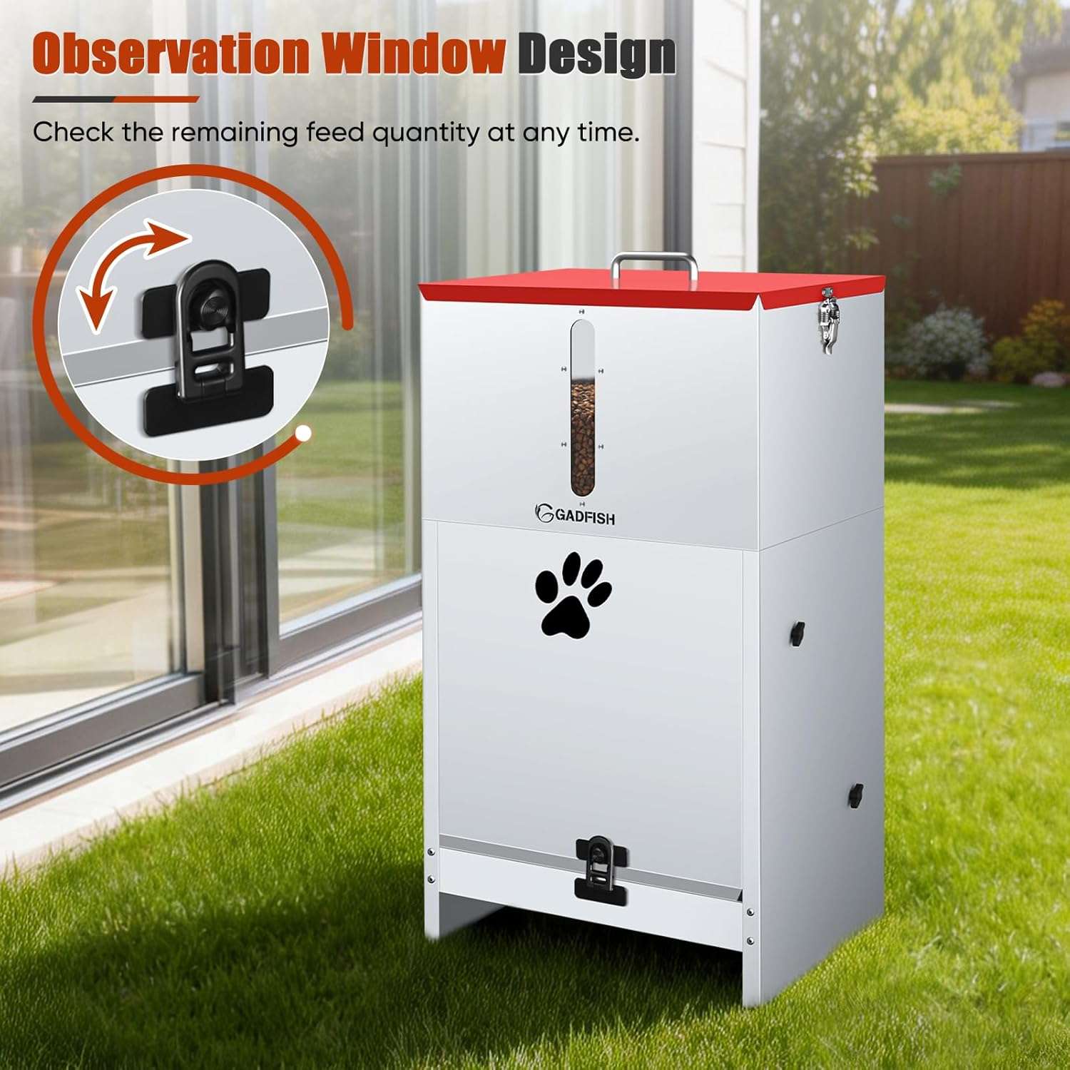 Comedero automatico de acero de 27 kilos con cerradura y ventana transparente para perros grandes en exterior