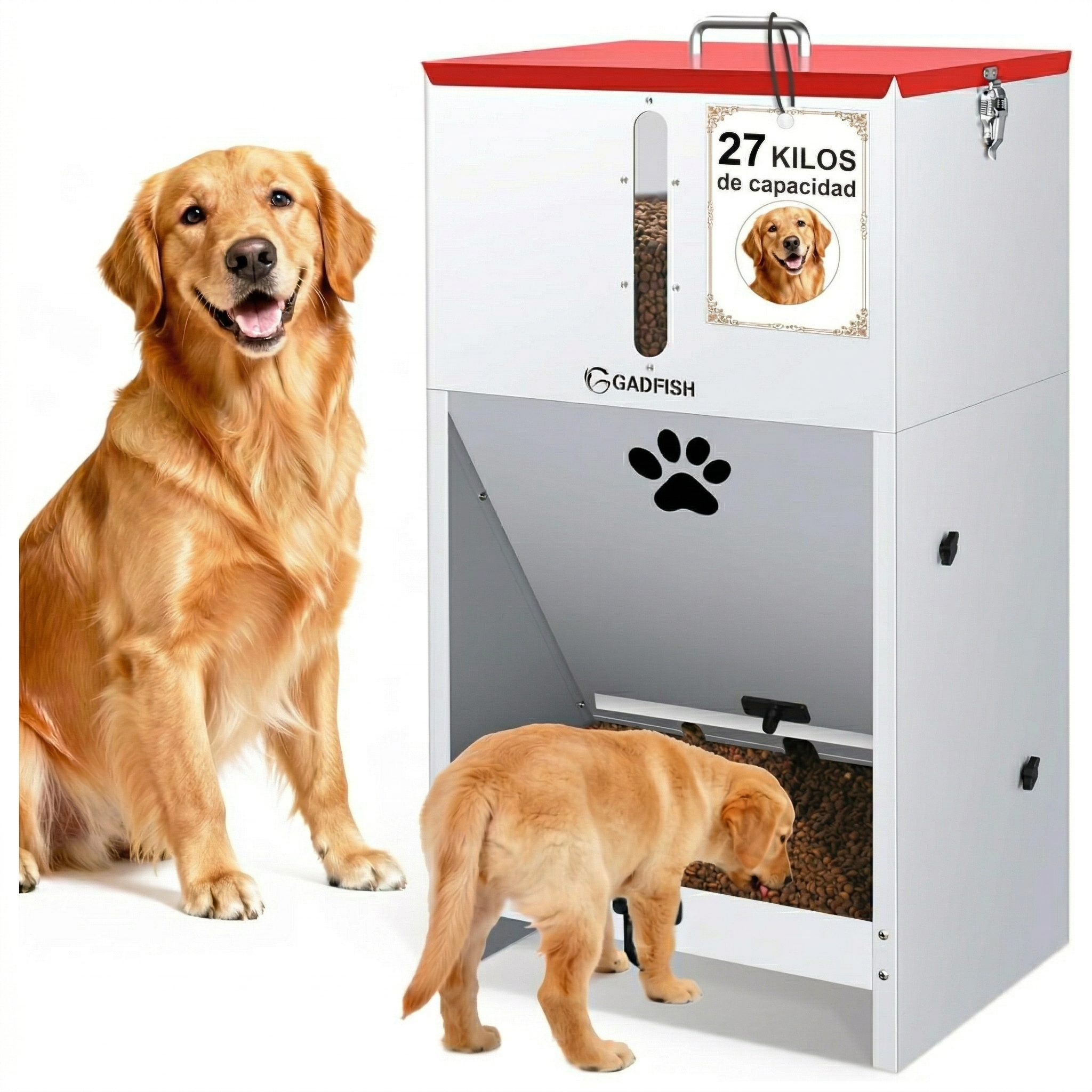 Comedero automatico de acero de 27 kilos con cerradura y ventana transparente para perros grandes en exterior