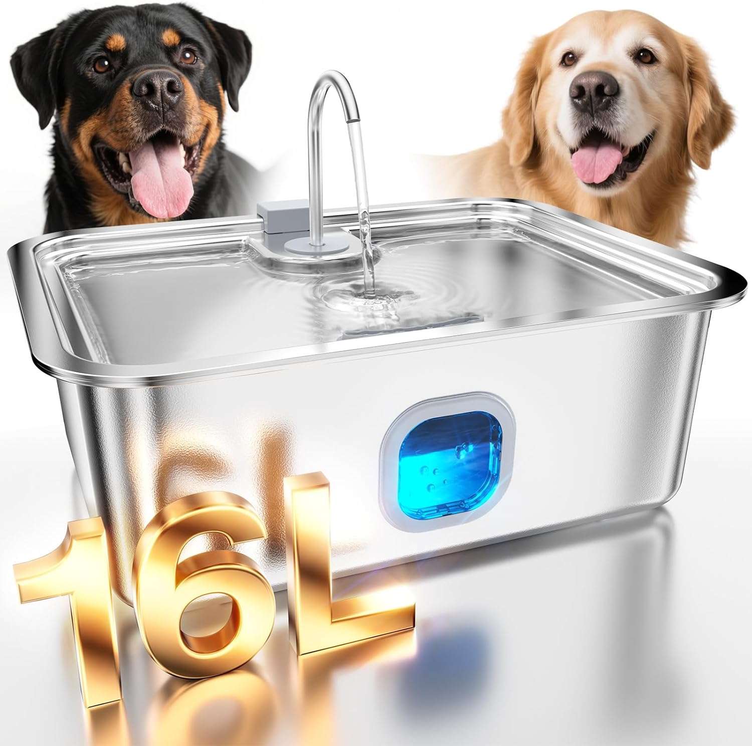 Fuente de agua automatica de acero inoxidable de 16 litros con ventana de nivel y bandeja profunda para perros grandes.