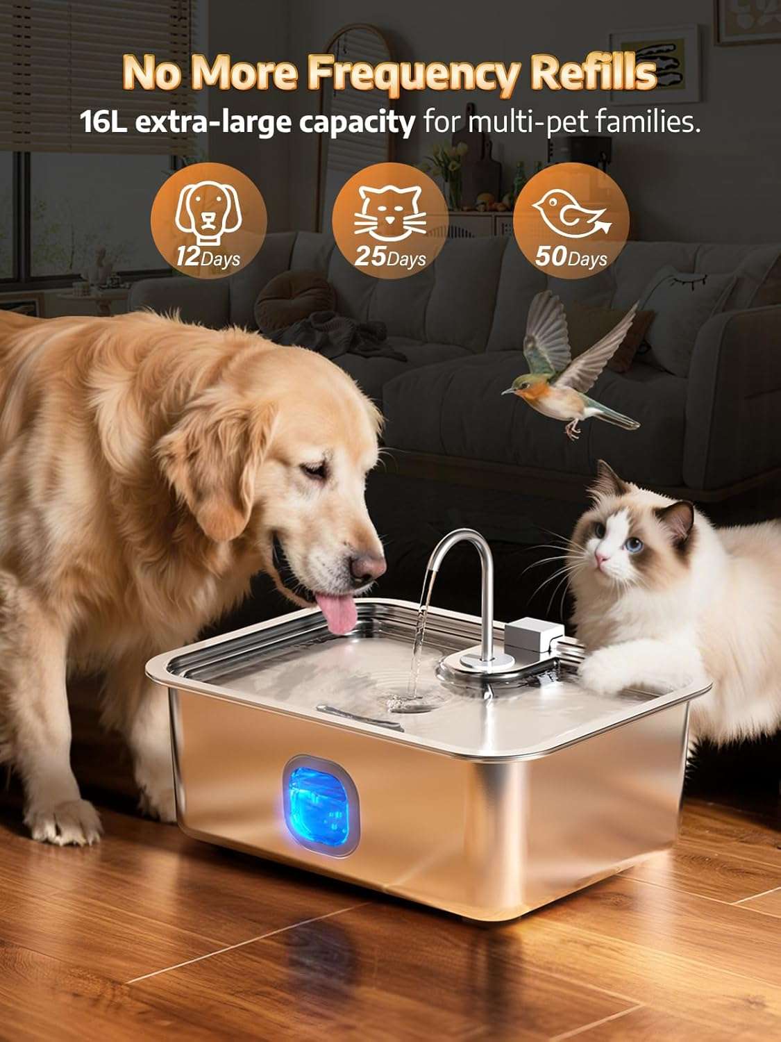 Fuente de agua automatica de acero inoxidable de 16 litros con ventana de nivel y bandeja profunda para perros grandes.