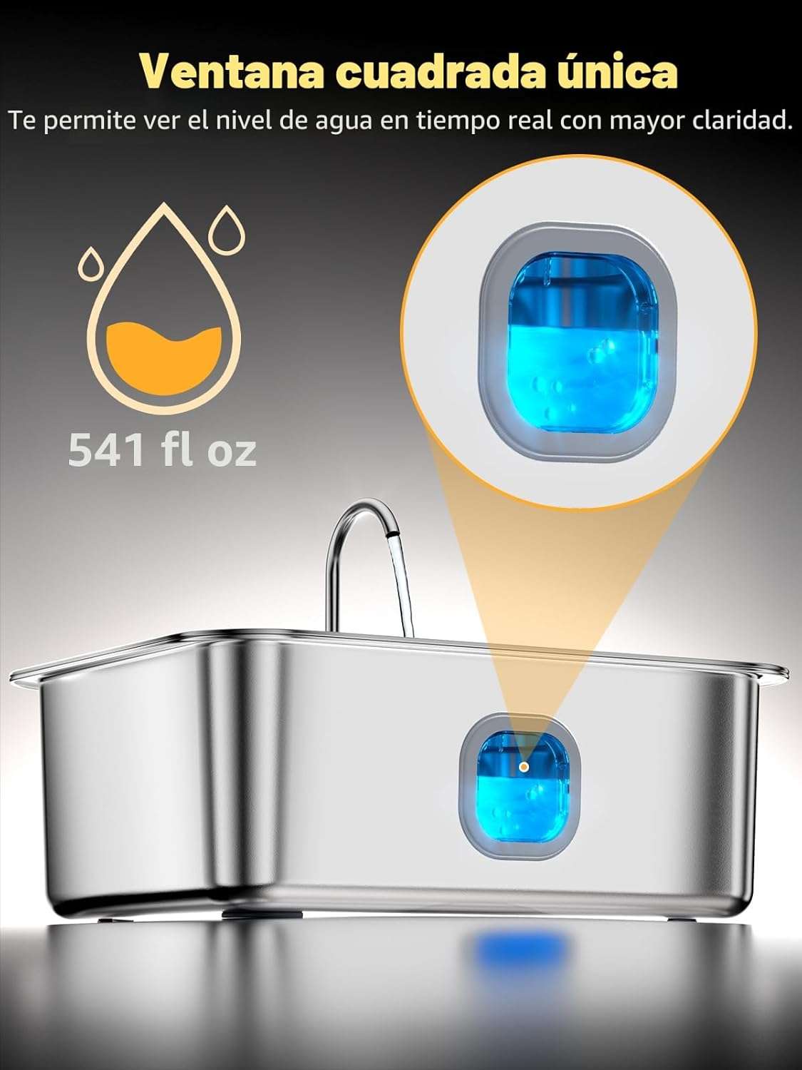 Fuente de agua automatica de acero inoxidable de 16 litros con ventana de nivel y bandeja profunda para perros grandes.