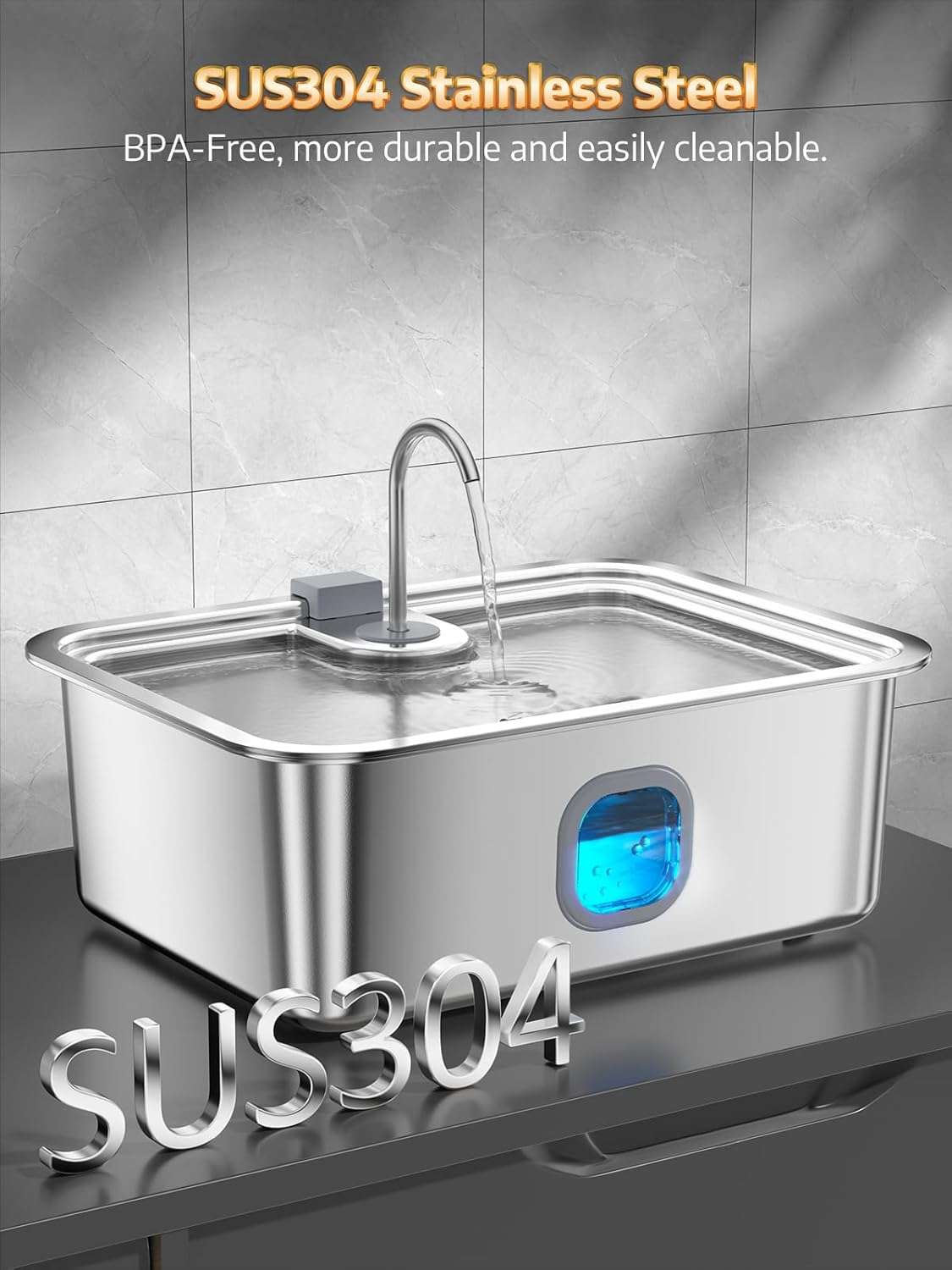 Fuente de agua automatica de acero inoxidable de 16 litros con ventana de nivel y bandeja profunda para perros grandes.
