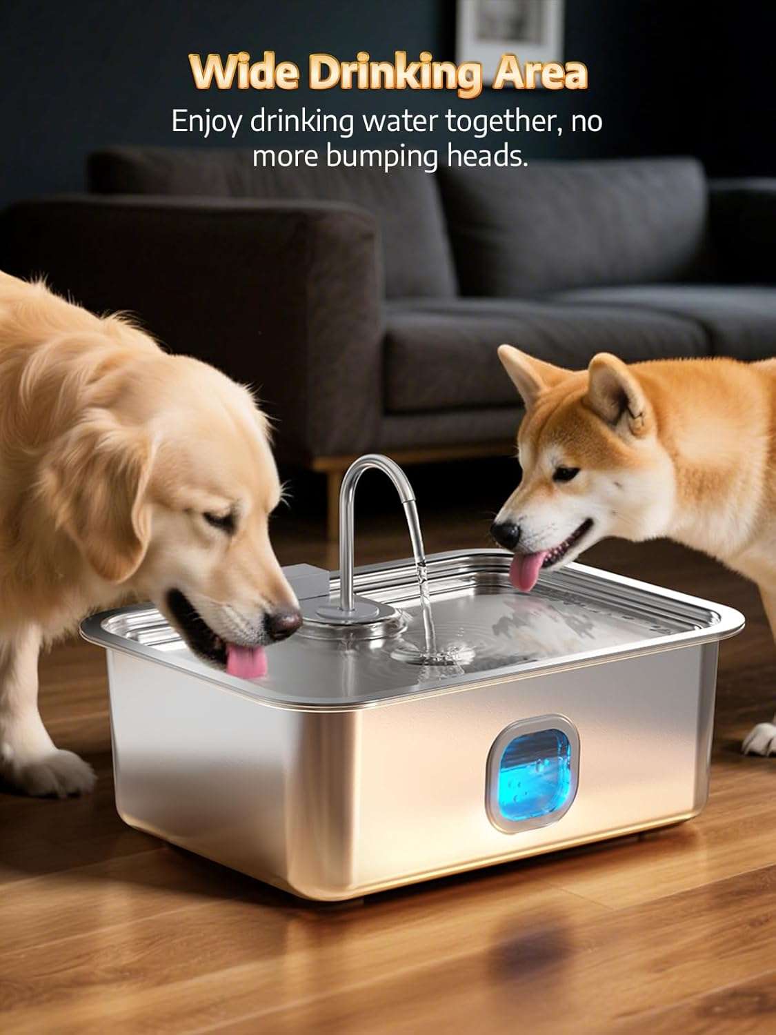 Fuente de agua automatica de acero inoxidable de 16 litros con ventana de nivel y bandeja profunda para perros grandes.