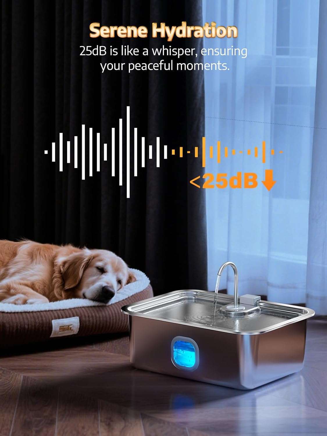 Fuente de agua automatica de acero inoxidable de 16 litros con ventana de nivel y bandeja profunda para perros grandes.