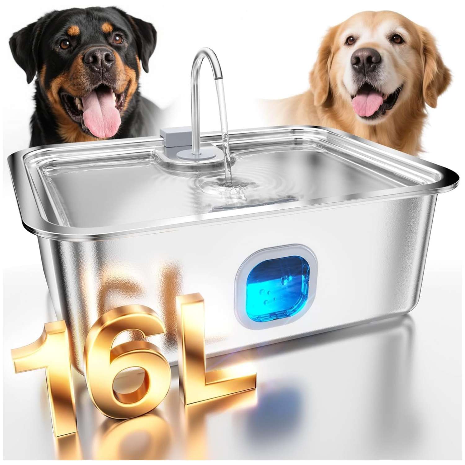 Fuente de agua automatica de acero inoxidable de 16 litros con ventana de nivel y bandeja profunda para perros grandes.