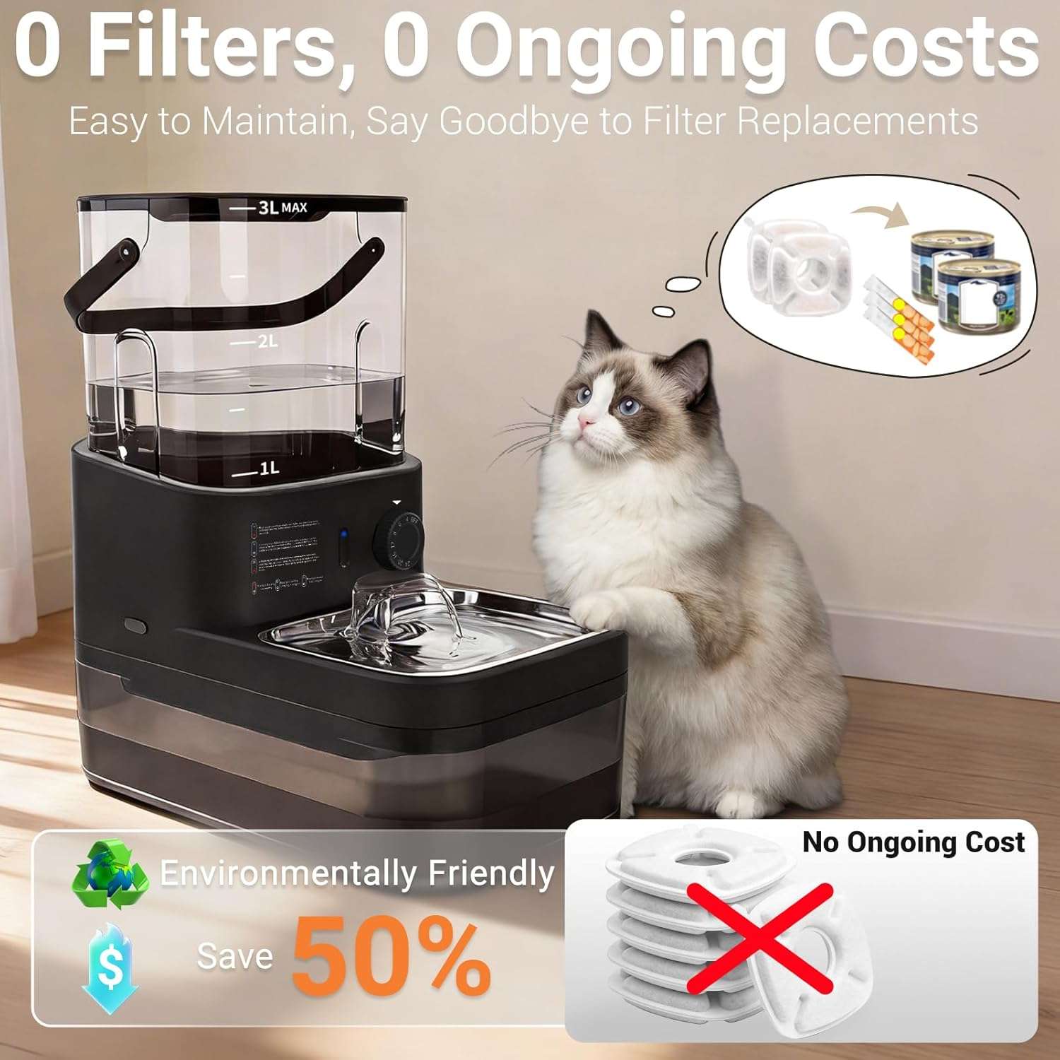 Fuente de agua inalambrica sin filtro de 3 litros con sensor de movimiento y bateria para mascotas