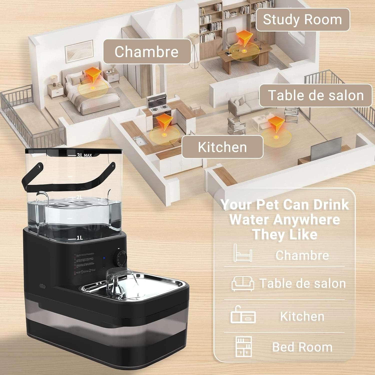 Fuente de agua inalambrica sin filtro de 3 litros con sensor de movimiento y bateria para mascotas