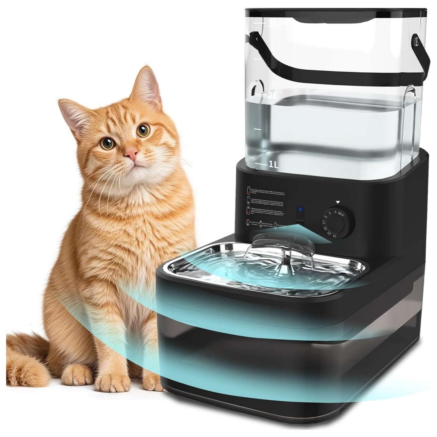 Fuente de agua inalambrica sin filtro de 3 litros con sensor de movimiento y bateria para mascotas