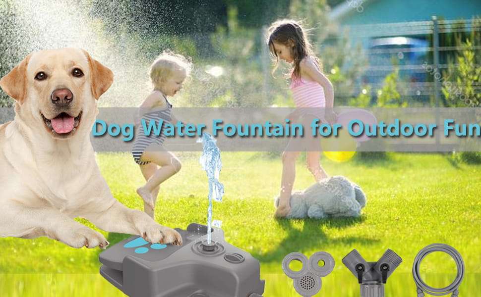 Fuente de agua interactiva a pedal color gris para perros con manguera de 3 metros y boquillas intercambiables.