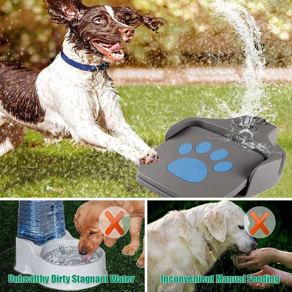 Fuente de agua interactiva a pedal color gris para perros con manguera de 3 metros y boquillas intercambiables.