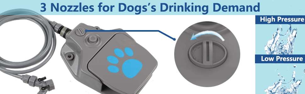 Fuente de agua interactiva a pedal color gris para perros con manguera de 3 metros y boquillas intercambiables.