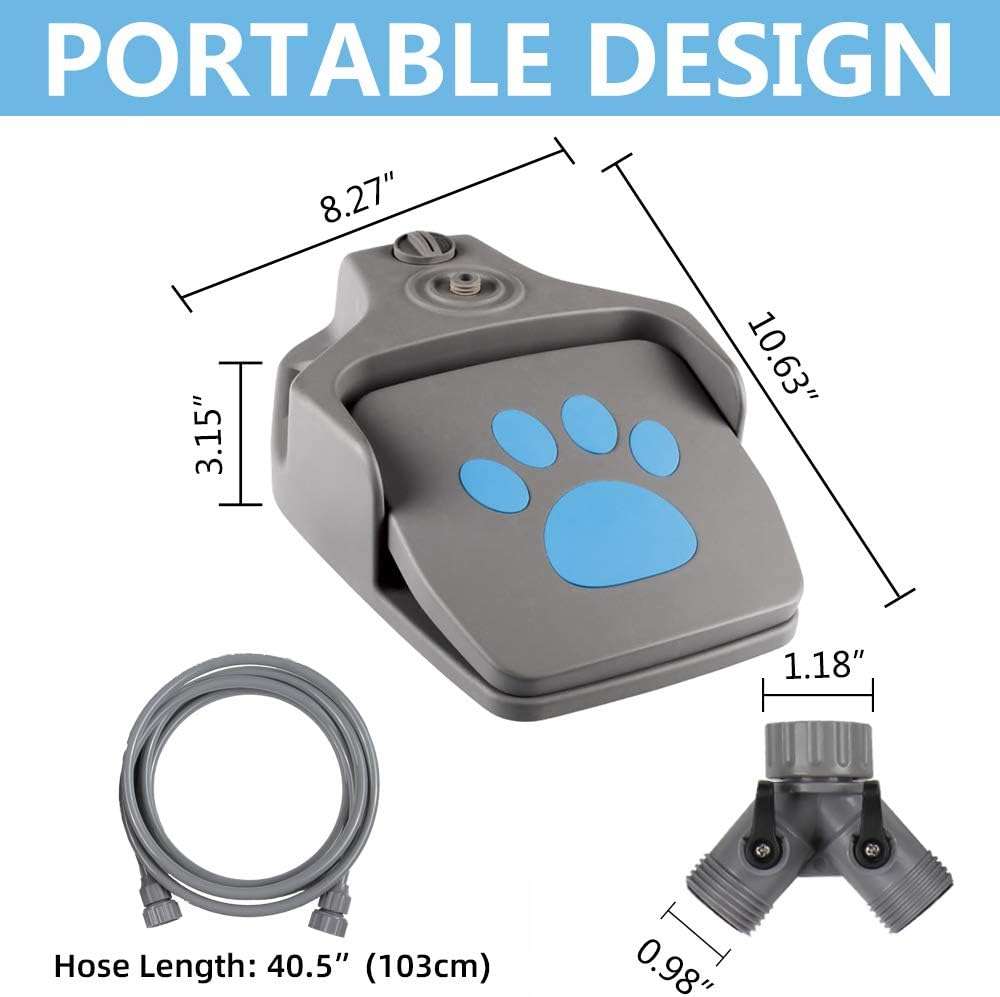 Fuente de agua interactiva a pedal color gris para perros con manguera de 3 metros y boquillas intercambiables.