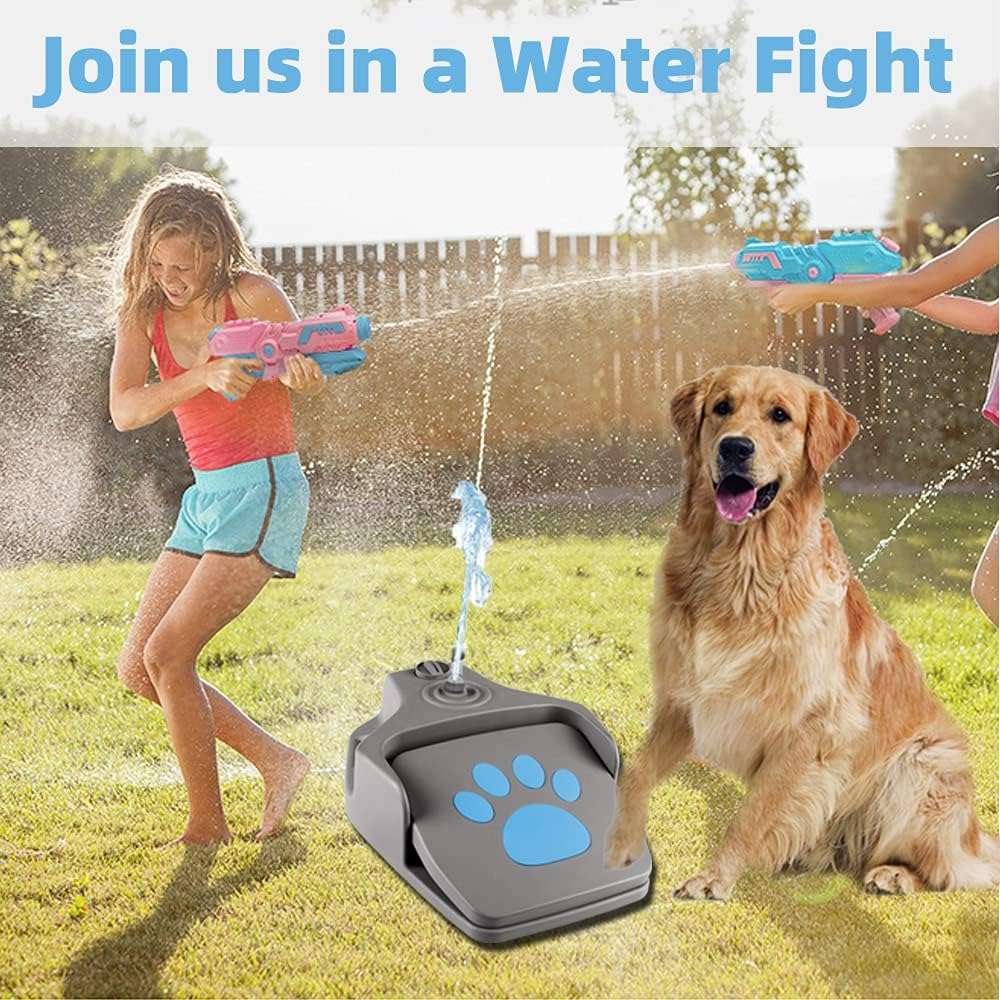 Fuente de agua interactiva a pedal color gris para perros con manguera de 3 metros y boquillas intercambiables.