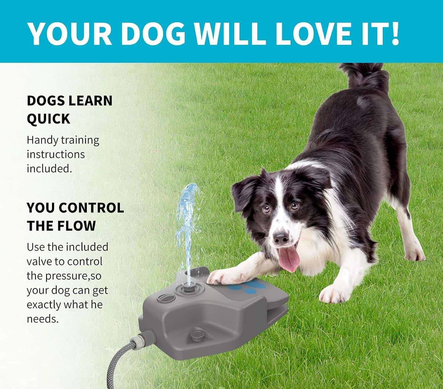 Fuente de agua interactiva a pedal color gris para perros con manguera de 3 metros y boquillas intercambiables.
