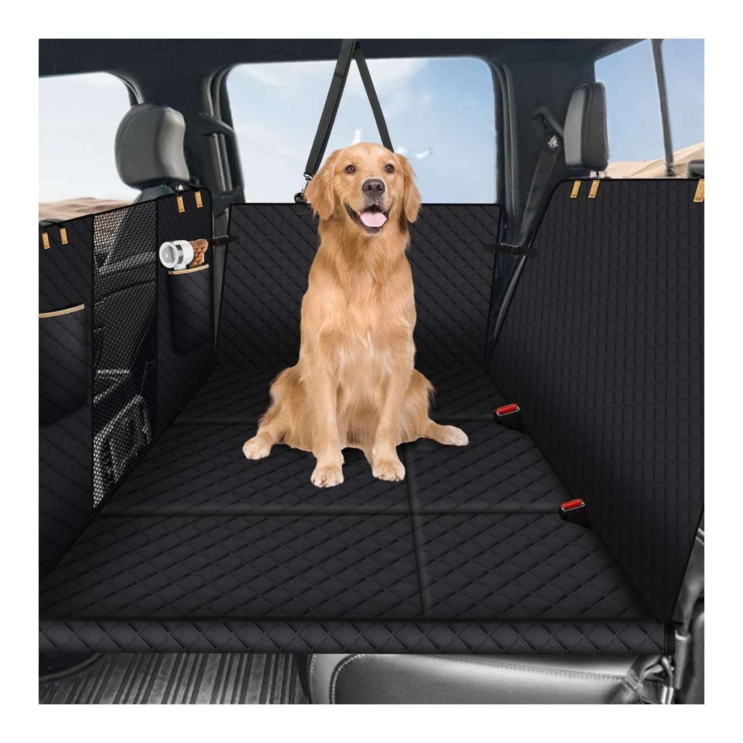 Funda extensora de auto con fondo duro para perros grandes instalada en el asiento trasero.
