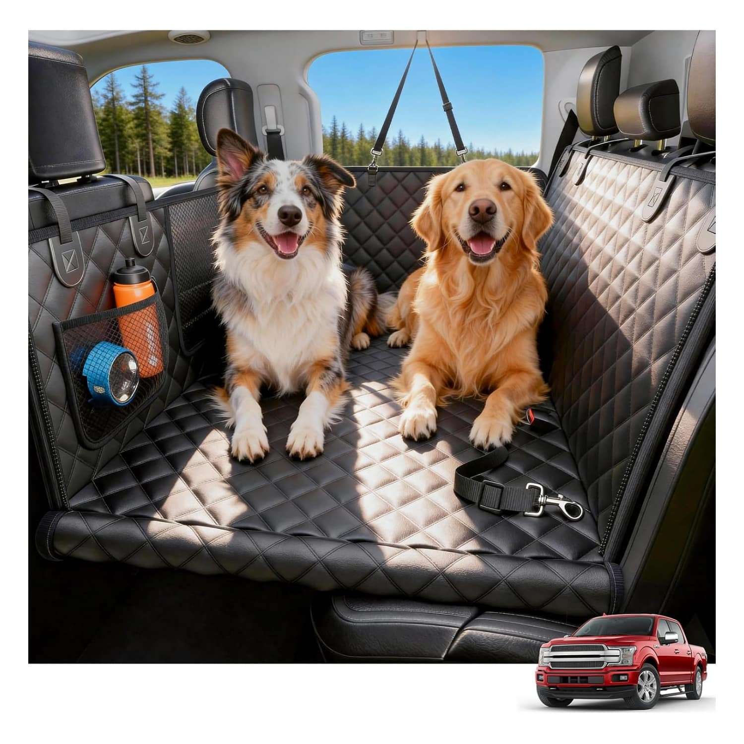 Funda de asiento de auto para perros grandes con fondo duro de 204 kilos instalada en el asiento trasero.