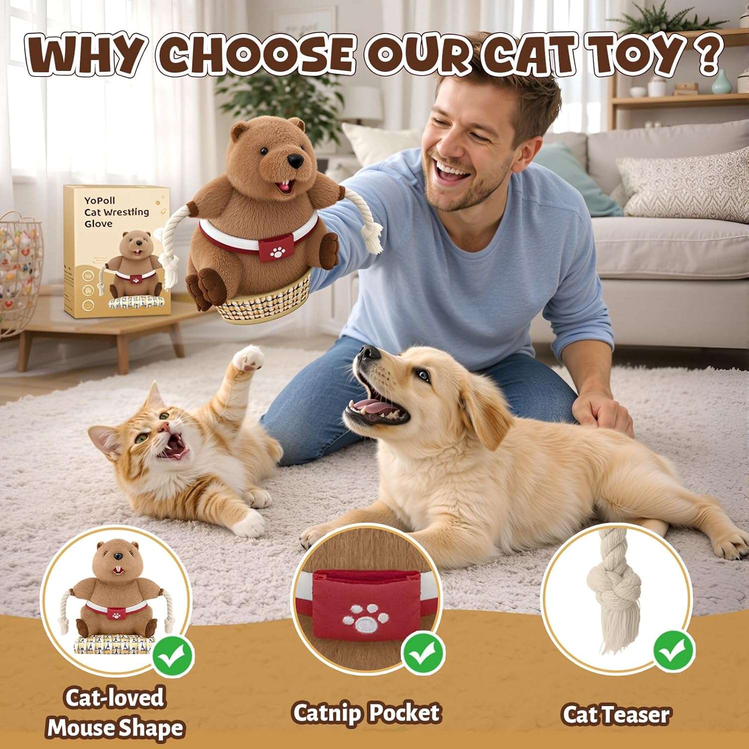 guante protector de lucha para gatos con diseño de marioneta y acolchado resistente para juego interactivo