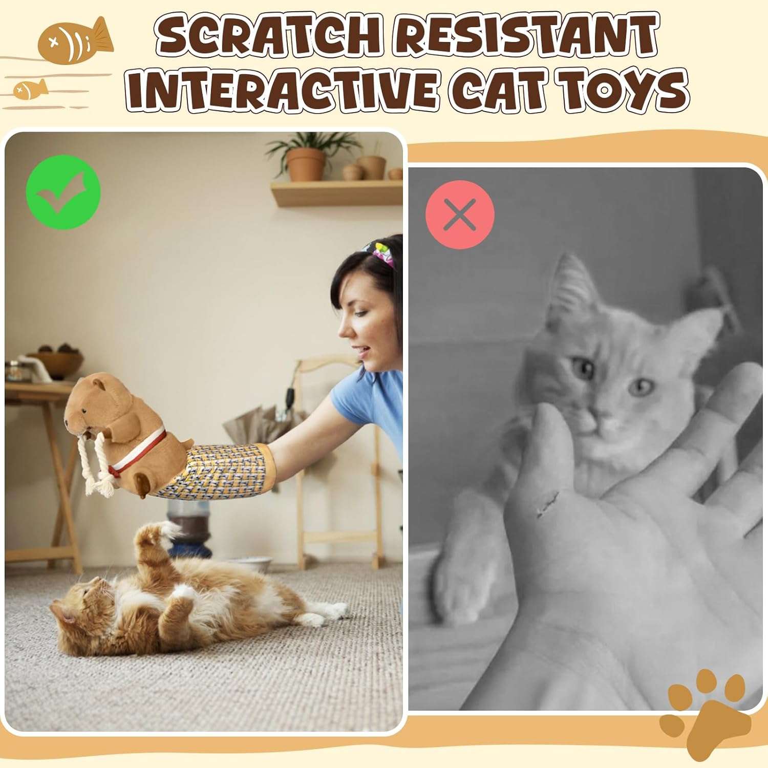 guante protector de lucha para gatos con diseño de marioneta y acolchado resistente para juego interactivo