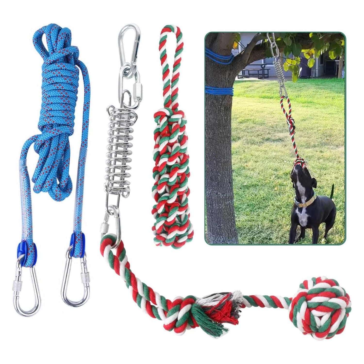 juguete de cuerda elástica colgante para perros en árbol, sistema de tira y afloja resistente para exteriores