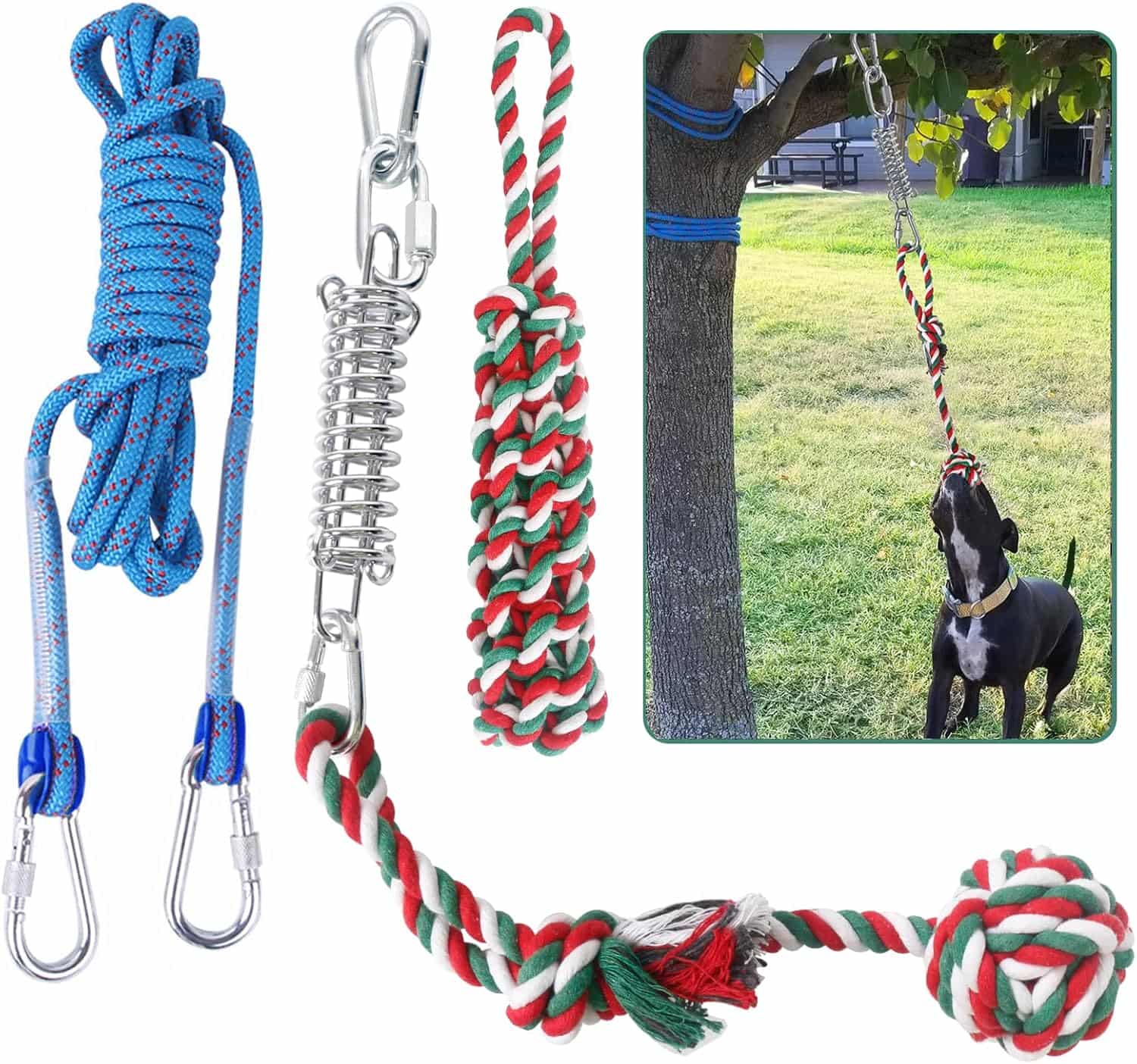 juguete de cuerda elástica colgante para perros en árbol, sistema de tira y afloja resistente para exteriores