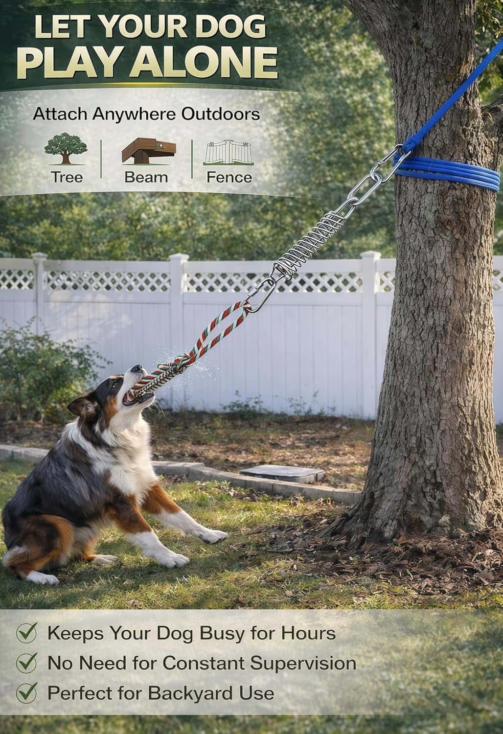 juguete de cuerda elástica colgante para perros en árbol, sistema de tira y afloja resistente para exteriores