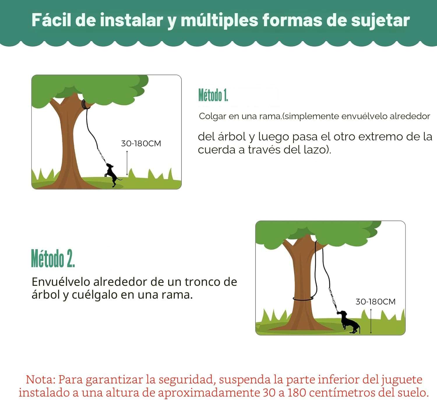 juguete de cuerda elástica colgante para perros en árbol, sistema de tira y afloja resistente para exteriores