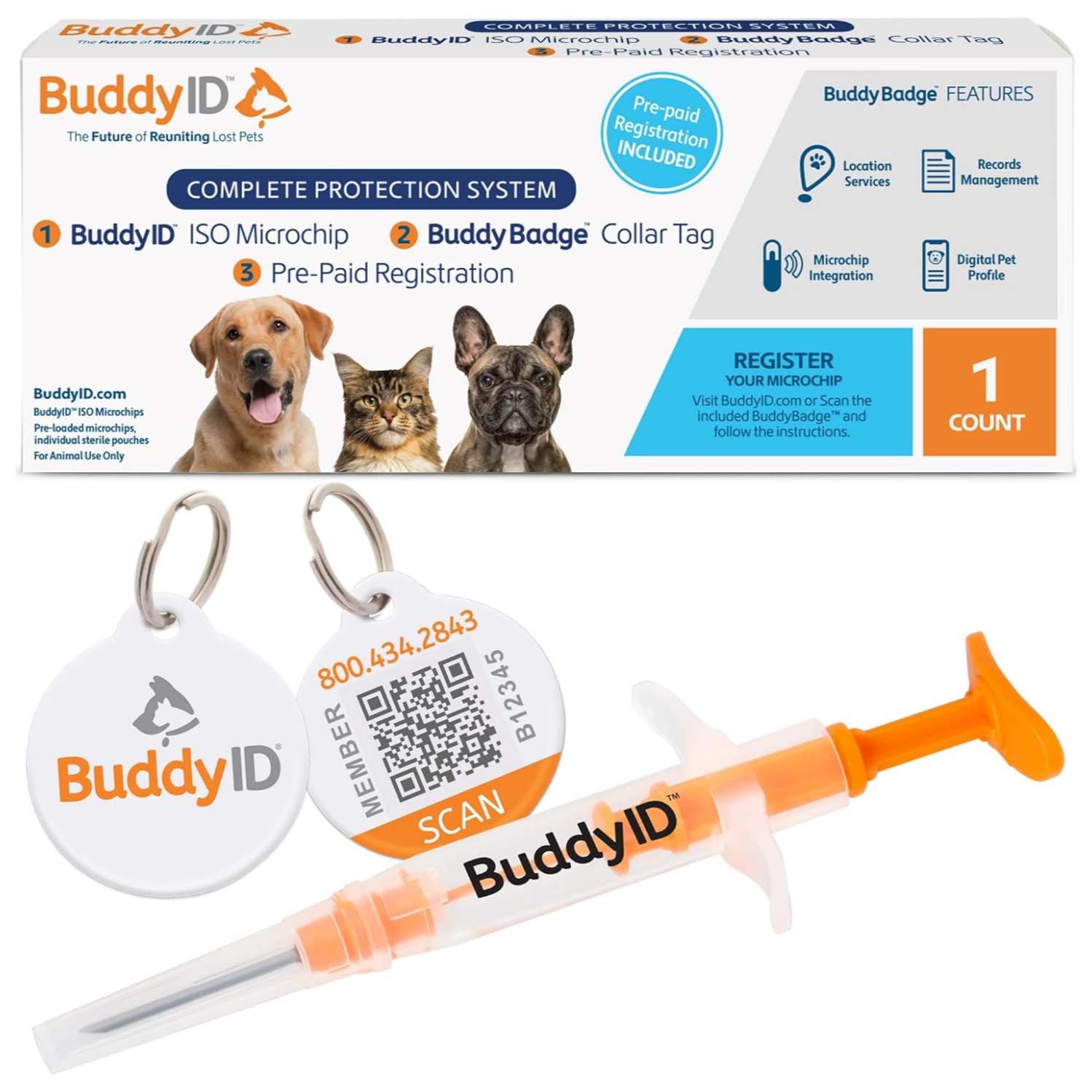 Kit completo de identificacion con microchip ISO y placa de collar QR para mascotas