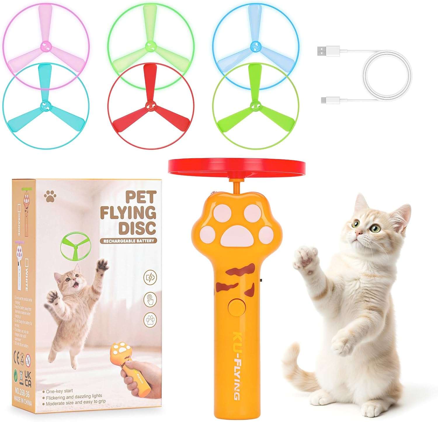 lanzador de disco volador recargable con 6 discos luminosos y clásicos para gatos de interior y exterior