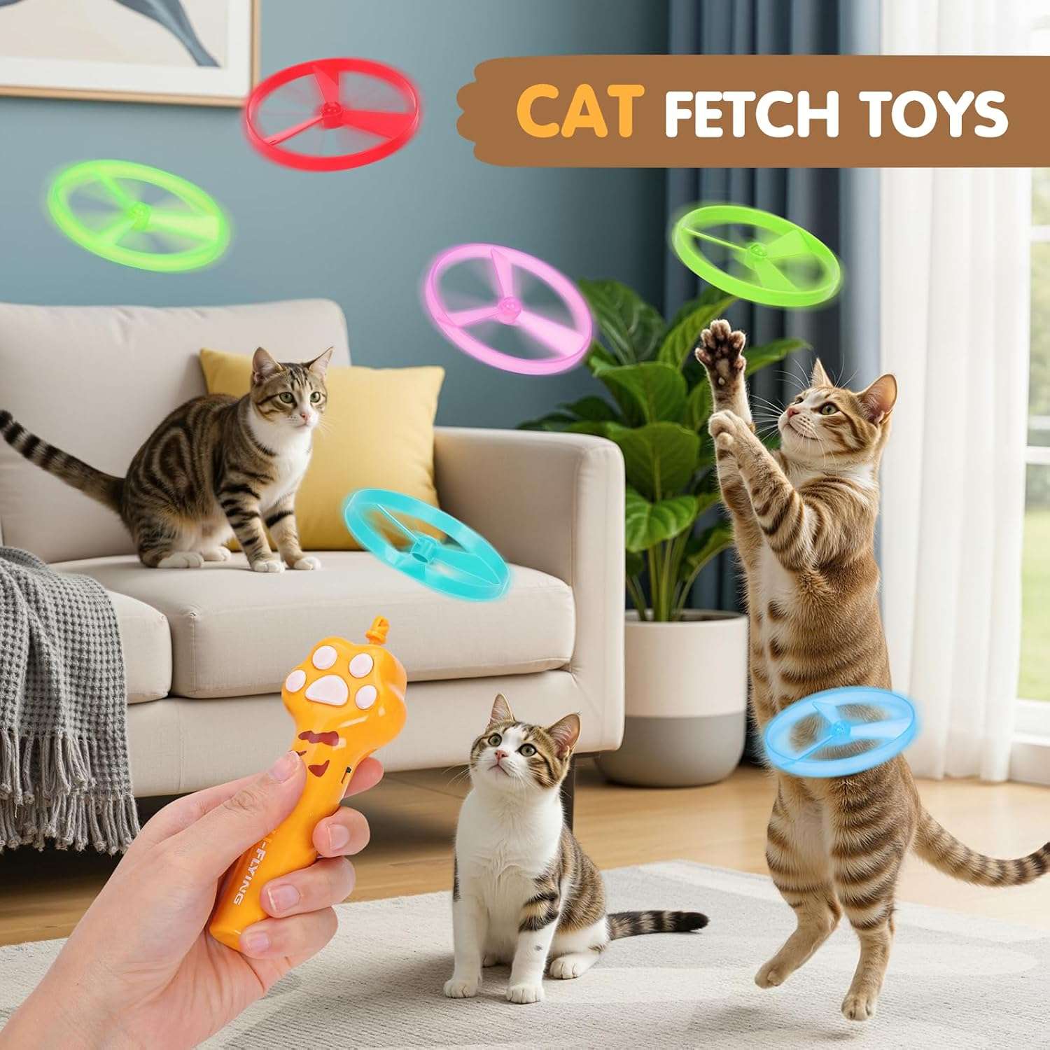 lanzador de disco volador recargable con 6 discos luminosos y clásicos para gatos de interior y exterior
