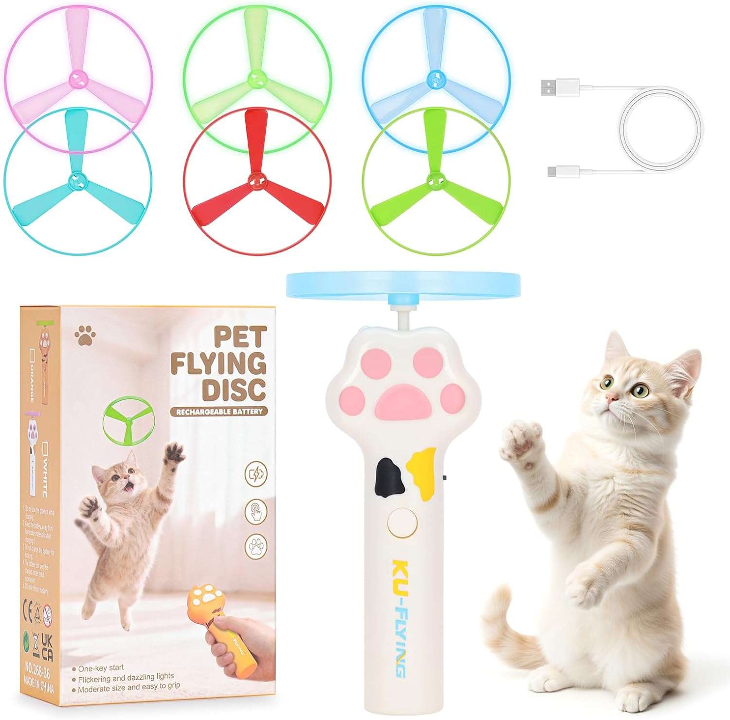 lanzador de disco volador recargable con 6 discos luminosos y clásicos para gatos de interior y exterior