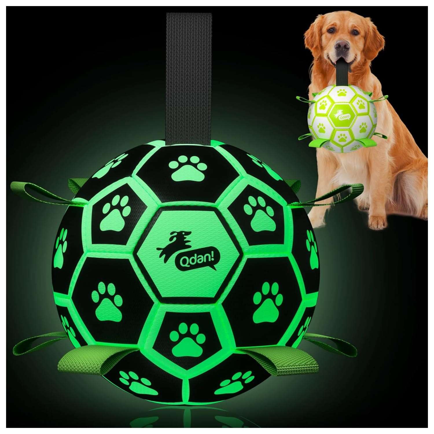 Pelota de futbol luminosa y resistente para perros con correas de nailon para facil agarre.