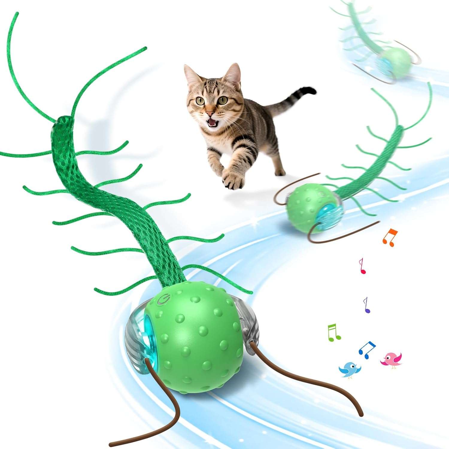 pelota interactiva con movimiento de ciempiés, sonido de pájaro y luces LED para gatos Giociv