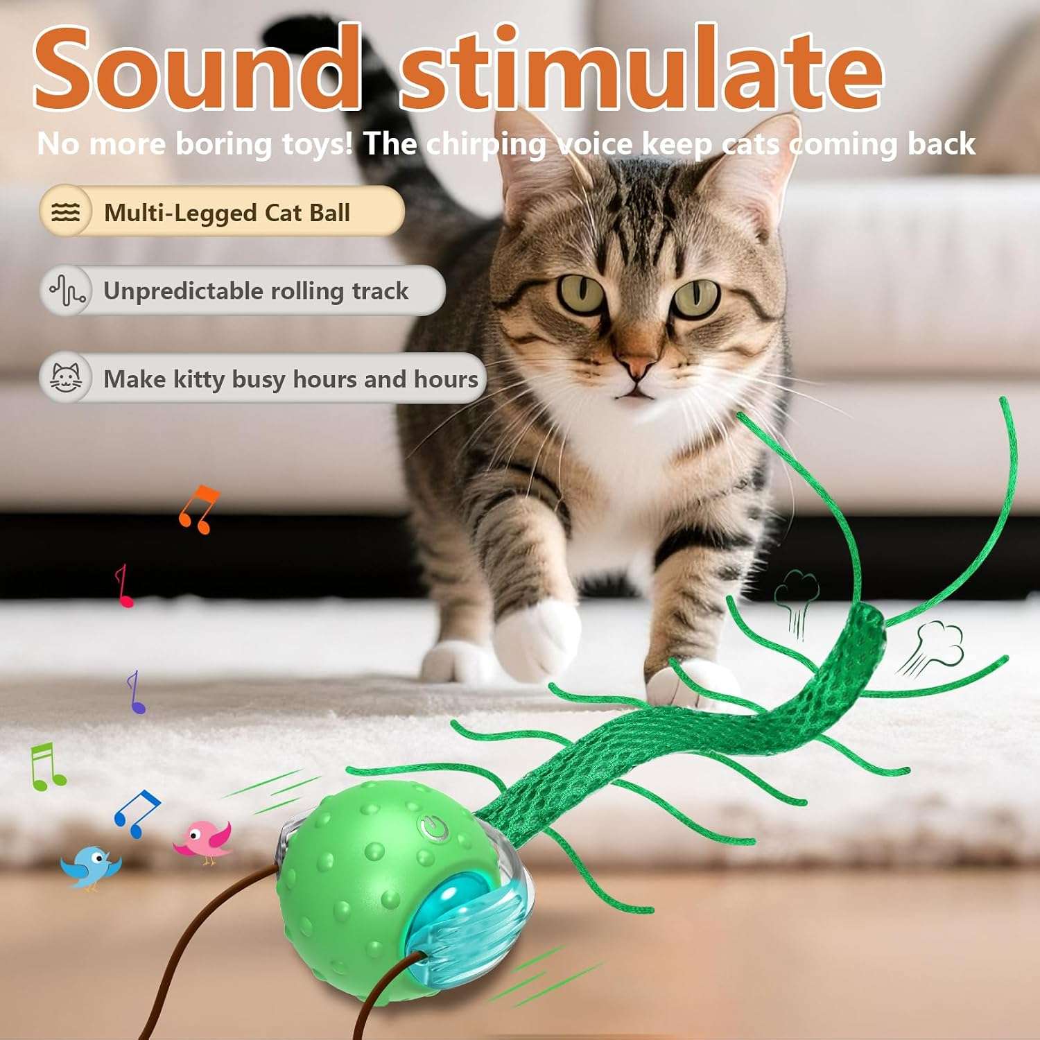 pelota interactiva con movimiento de ciempiés, sonido de pájaro y luces LED para gatos Giociv