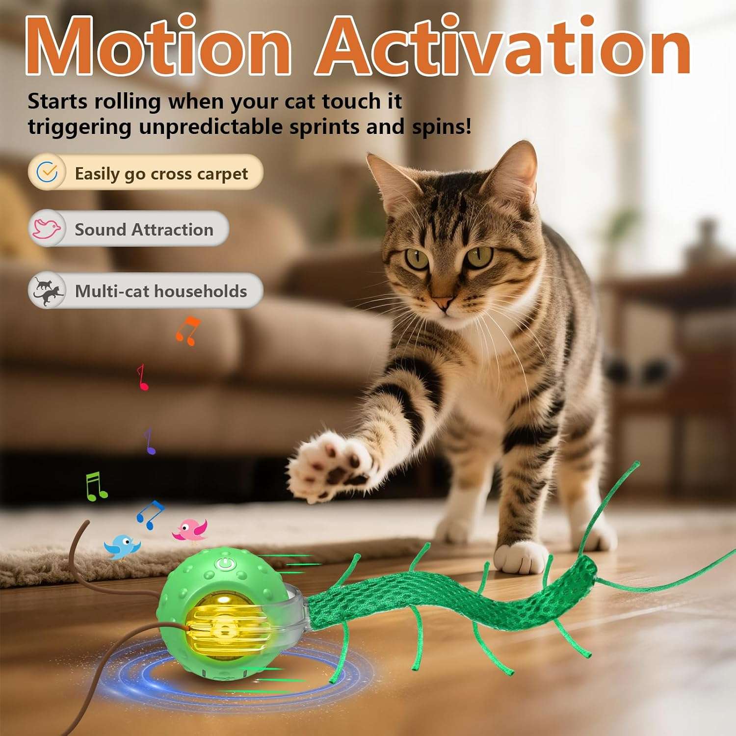 pelota interactiva con movimiento de ciempiés, sonido de pájaro y luces LED para gatos Giociv