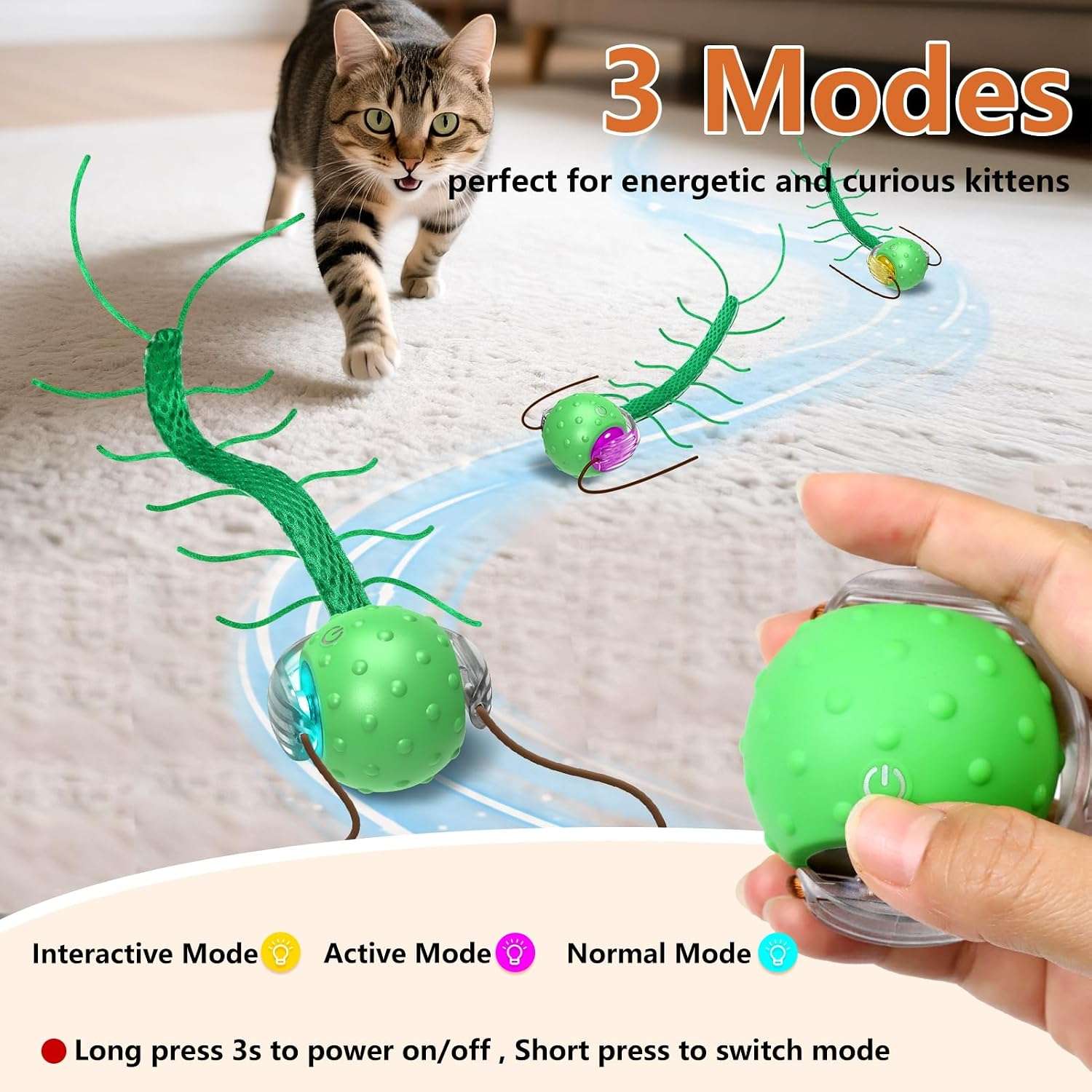 pelota interactiva con movimiento de ciempiés, sonido de pájaro y luces LED para gatos Giociv