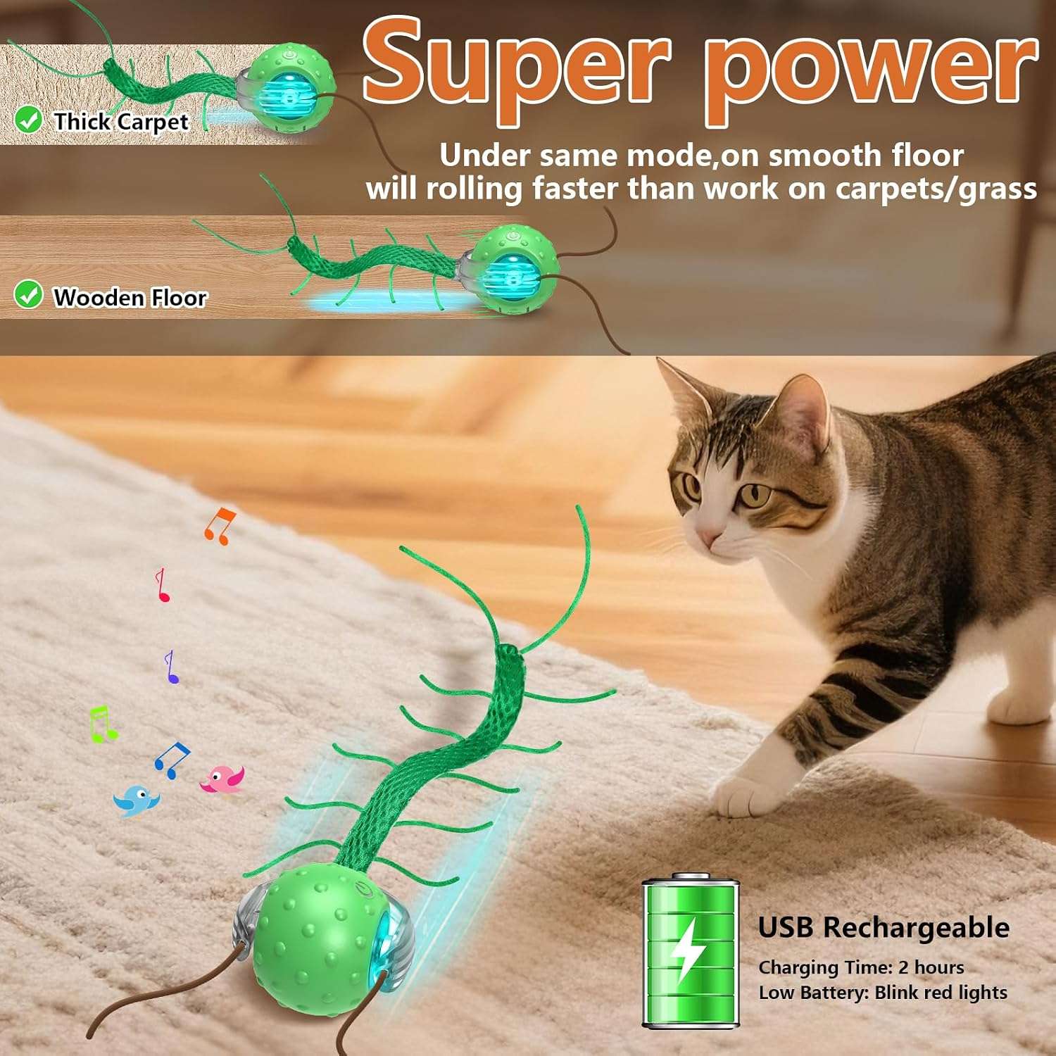 pelota interactiva con movimiento de ciempiés, sonido de pájaro y luces LED para gatos Giociv