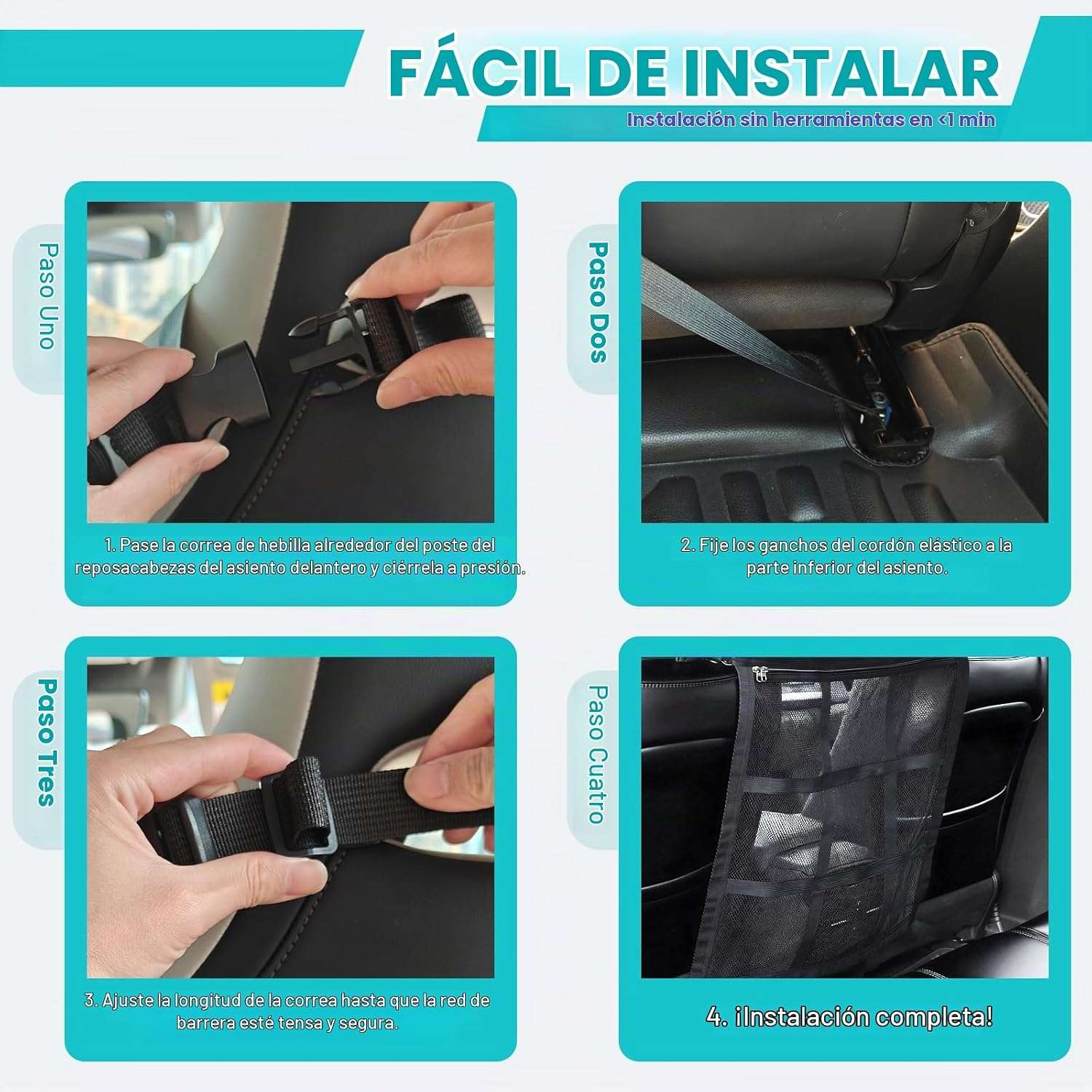Malla separadora de auto para perros con bolsillo organizador instalada en el asiento trasero.