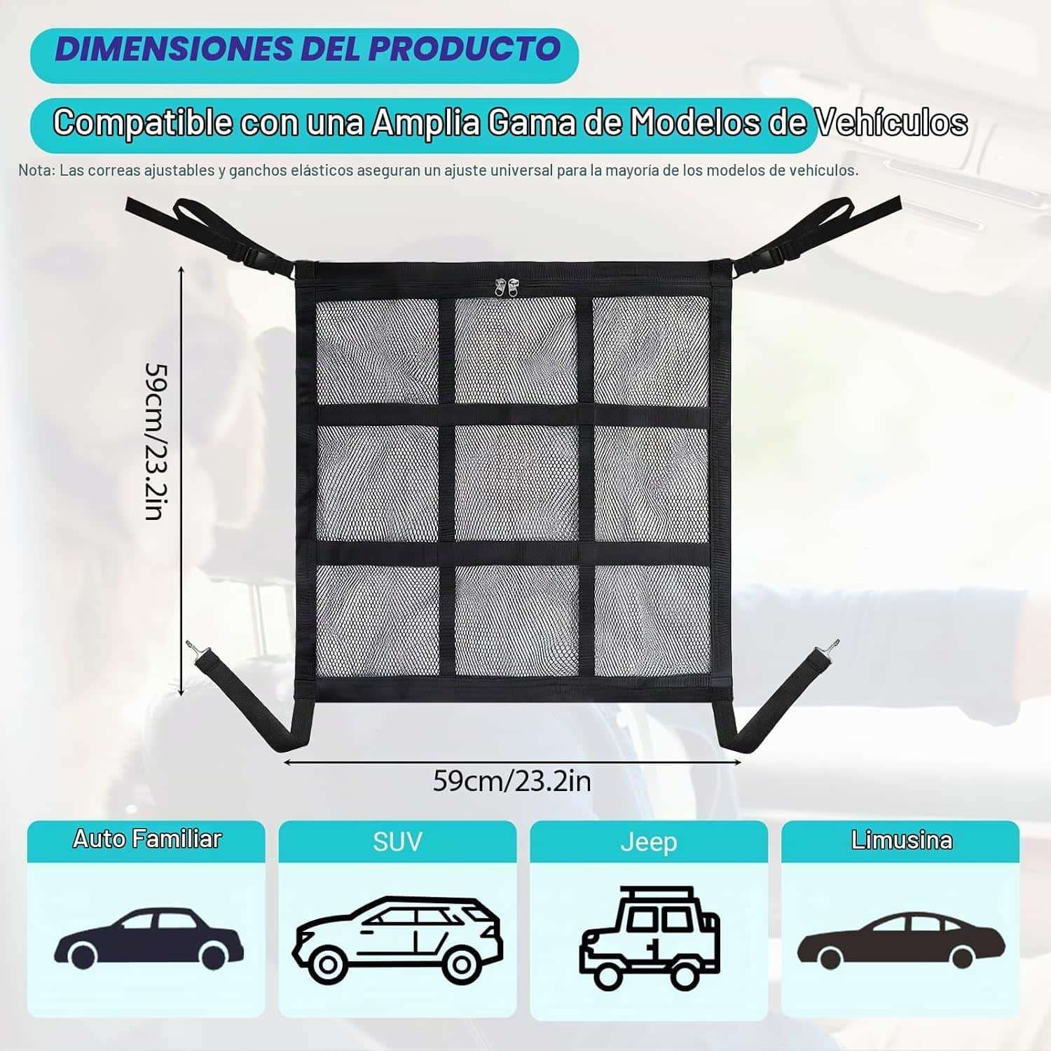 Malla separadora de auto para perros con bolsillo organizador instalada en el asiento trasero.