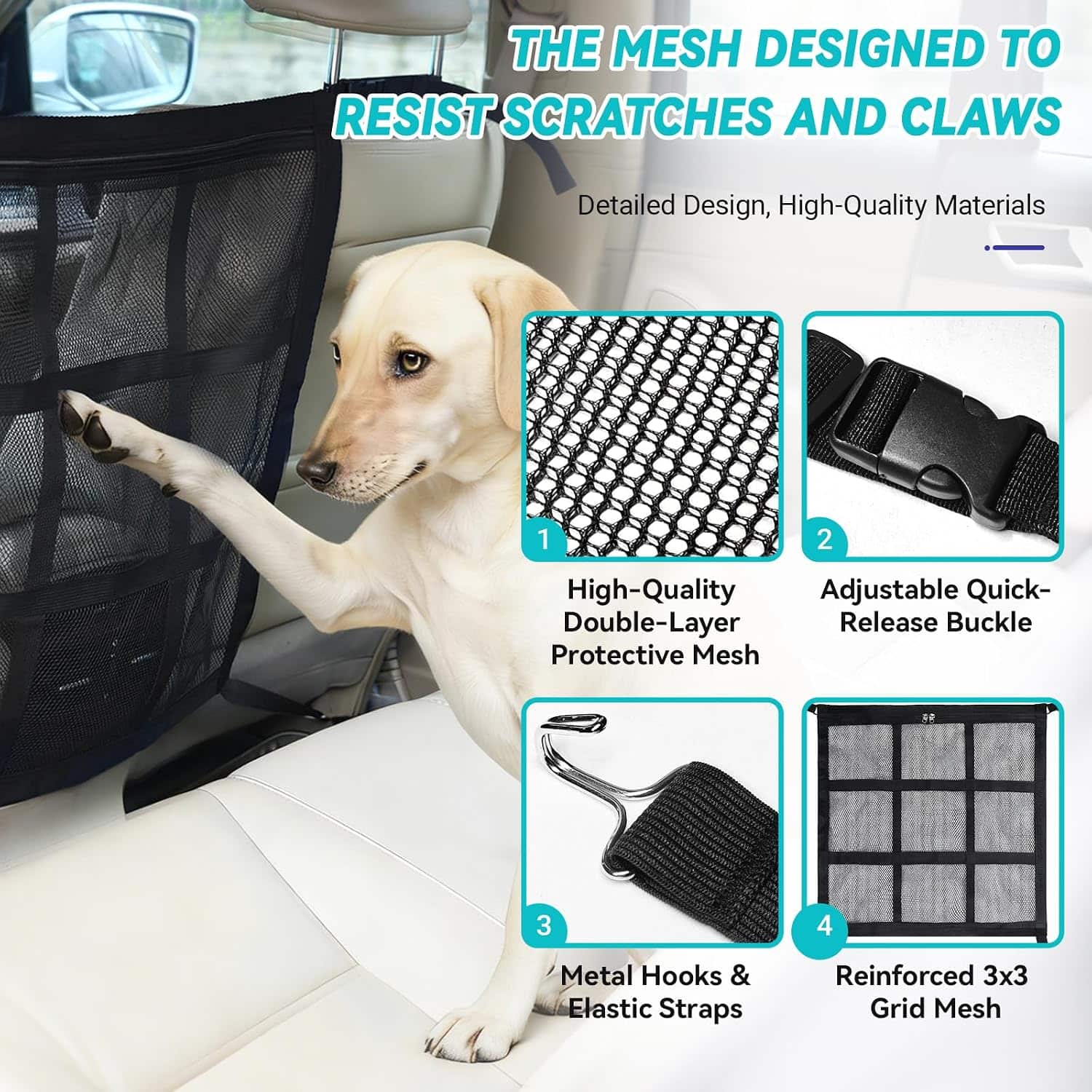 Malla separadora de auto para perros con bolsillo organizador instalada en el asiento trasero.