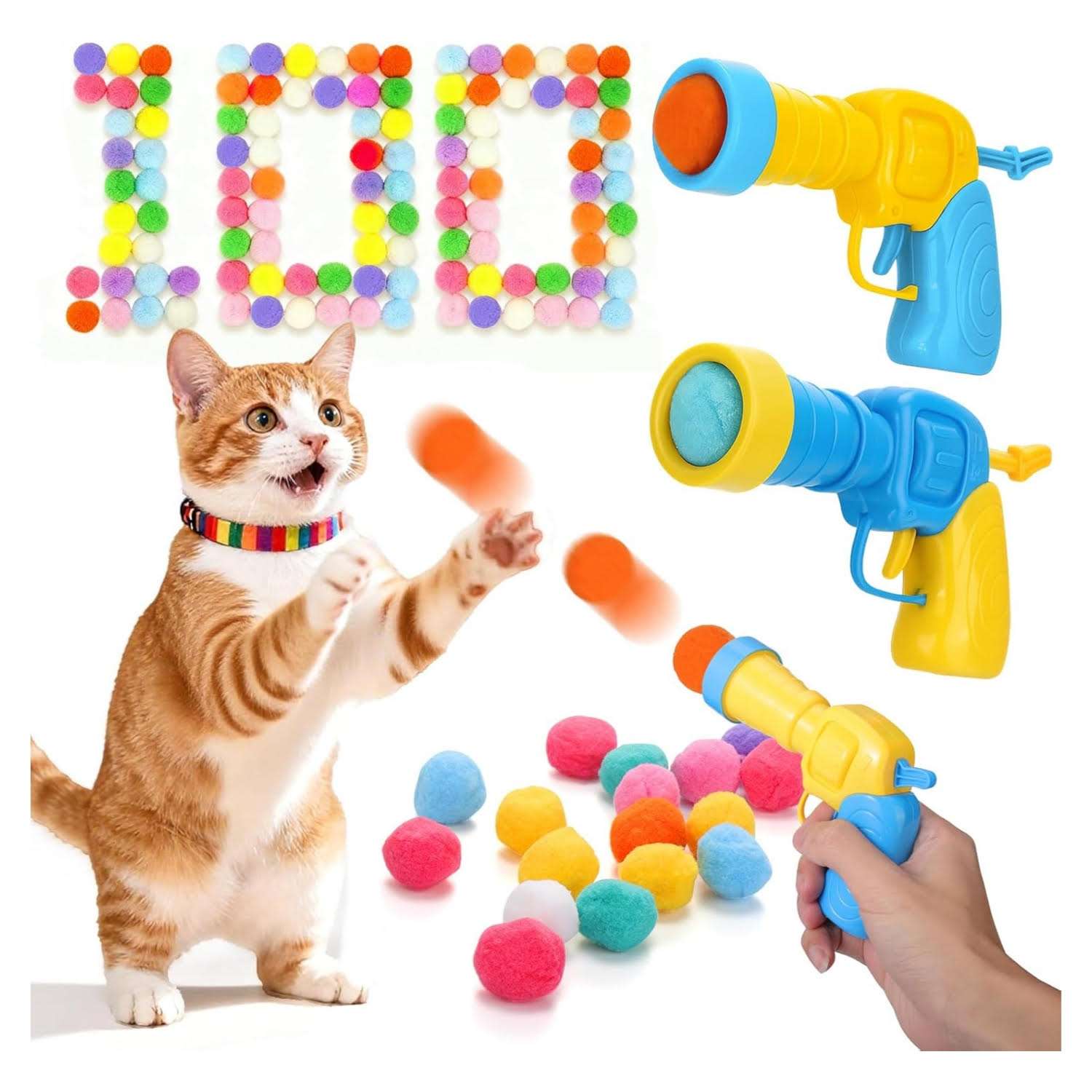 set 2 lanzadores bolas gatos 100 pompones felpa juguete interactivo interior chile