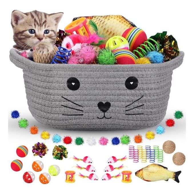set 58 juguetes gatos cesta tejida almacenamiento 25 centimetros ideal para felinos en chile