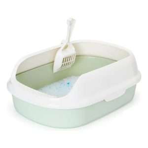 Bano sanitario semicerrado para gatos en colores verde rosado y celeste