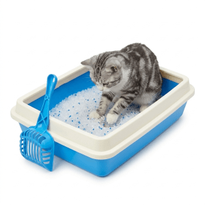 Arenero semicerrado para gatos color azul con borde alto antiderrame blanco y estructura desmontable.